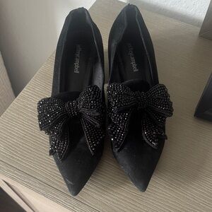 Jeffrey Campbell Black Beaded Bow Pointed Flats with Embellished Upper